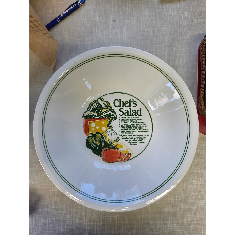 Vintage Chef's Salad Recipe Serving Bowl White Ceramic Large 10.25 Inch Retro